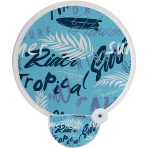 A 20cm foldable reflective fan with a blue tropical design, featuring various surf and summer-themed graphics.