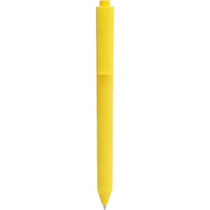 A yellow triangular grip pen featuring a clip and a pointed tip, with a logo on the body.