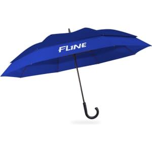 A blue expandable golf umbrella with a hook handle and branding on the canopy.