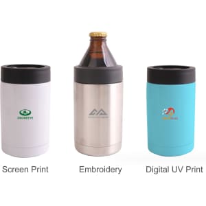 A stainless steel stubby holder in silver, with a drink bottle inside, flanked by two other coloured holders.