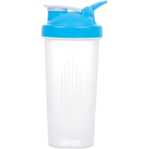 A drink bottle featuring a clear body and a blue lid with a spout, designed for fitness use. It has a logo.