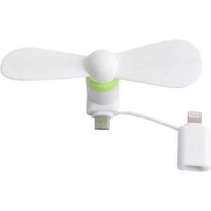 A 2 in 1 smart phone fan in white and green, with connectors for smartphones and a compact design.