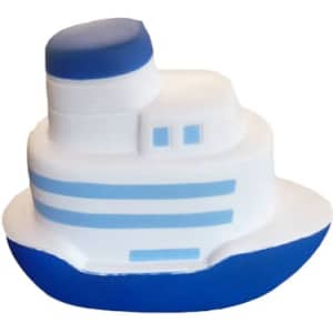 A blue and white ship-shaped stress reliever with a smooth texture and a simple design.