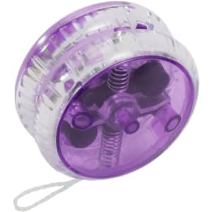 A transparent purple yoyo with light-up features and a string attachment.