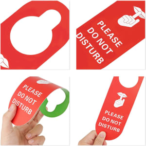 A custom shape PVC door hanger in red and green, featuring a 'Please Do Not Disturb' design. The product has a logo.