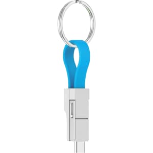 A blue magnetic charging cable with a keyring attachment and a silver connector. Features a logo.