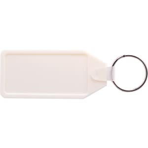 A long hexagon hard plastic keyring in white, featuring a circular metal ring and a blank surface for customisation.