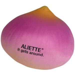 A pink and yellow onion-shaped stress reliever with a logo. Soft, squishy texture for stress relief.