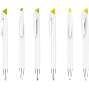 A set of six white pens with coloured caps in green and yellow, featuring a silver tip and a branding logo.