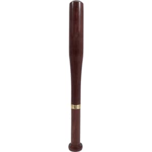A brown baseball bat shaped pen with a gold band detail. The pen has a sleek, wooden design and includes a branding logo.