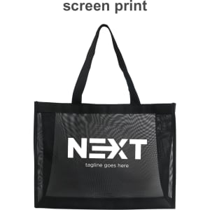 A transparent mesh tote bag in black, featuring a large logo on the front and sturdy straps.
