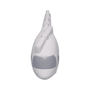 A helicopter-shaped stress reliever in white and grey with a logo on the side.