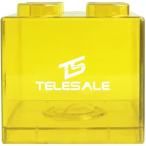 A yellow square block coin bank with a logo on the front, designed for saving money.