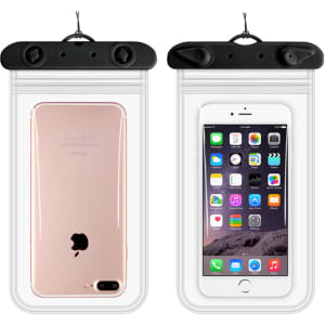 A clear waterproof mobile pouch with a black top, containing a gold phone and displaying its screen.