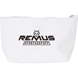 A white cosmetic bag with a zip closure and a logo on the front.