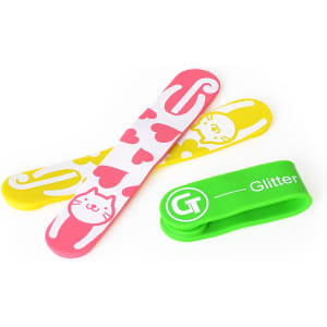 Three silicone magnetic clips in pink, yellow, and green, featuring cat designs and a branding logo.