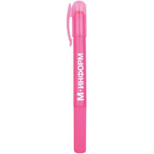 A pink highlighter crayon with a cap and ribbed grip, featuring a branding logo.