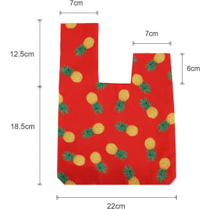 A red wrist bag featuring a pineapple pattern, with measurements displayed around it. It has a logo.