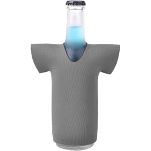 A drink bottle covered with a grey jersey-style cooler, featuring a logo. The bottle has a blue liquid inside.