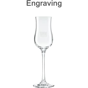 A tall, clear glass wine glass with a slender stem and a broad, flared bowl. Features engraved detailing.
