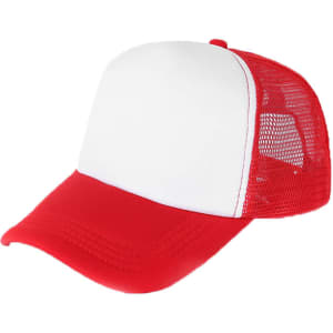A red and white trucker cap featuring a solid front panel and mesh back. It includes a logo.