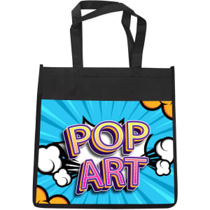 A black non-woven tote bag featuring a vibrant pop art design with comic-style elements and a logo.