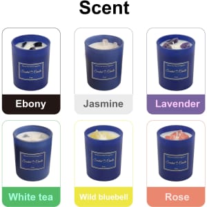 A 6.6oz glass candle collection featuring scents: Ebony, Jasmine, Lavender, White Tea, Wild Bluebell, and Rose. Each candle in a blue container.