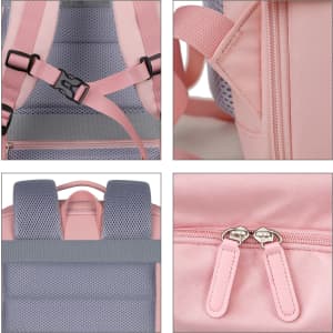 A pink expandable travel backpack featuring adjustable straps, mesh padding, and dual zip closures. Branding is present.