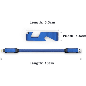 A blue charging cable with an integrated opener and phone stand, featuring dimensions displayed beside it.