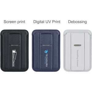 A PU magnetic card holder in black, navy, and white, featuring various printing methods and logos.