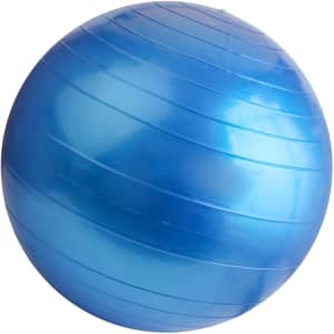 A blue PVC yoga ball with a smooth, shiny surface and horizontal grooves. It has a logo visible.
