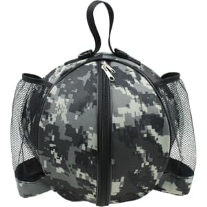 A round grey camouflage backpack with mesh side pockets and a top handle, featuring a zip closure.