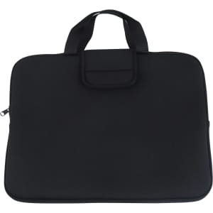 A black laptop bag featuring a handle and a zip closure, with a small front pocket and a simple design.