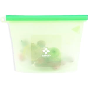 A silicone reusable storage pouch in clear with a green zip closure, featuring a branding logo.