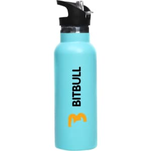 A drink bottle in light blue with a flip valve lid and a black top, featuring a logo.