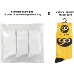 A clear bag containing 12 pairs of bamboo socks, featuring a colourful sock with a playful design.