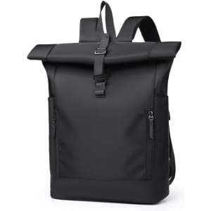 A roll top laptop backpack in black, featuring adjustable straps and side zip pockets, with a branding logo.