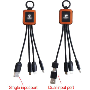 A charging cable with a square-shaped design, featuring black cords and two types of input ports, alongside a logo.