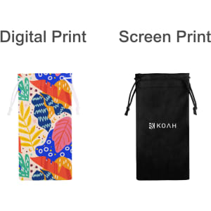 Two RPET lens pouches: one with a colourful digital print featuring leaves and patterns, and the other in black with a logo.