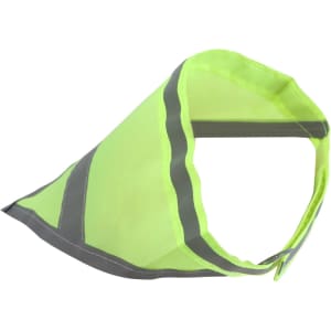A reflective dog bandana in bright yellow and black, featuring a collar opening and a logo.