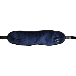 Bluetooth sleep headphones in navy blue with a soft, plush texture and an adjustable strap. Features a branding logo.