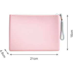 A pink silicone cosmetic pouch with a zipper, measuring 21cm by 16cm by 4.8cm, featuring a wrist strap.