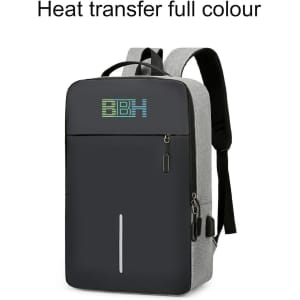 A grey and black laptop backpack featuring a USB charging port and a logo.
