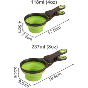 A collapsible pet food scoop in green and brown, featuring a two-size design with measurement markings.