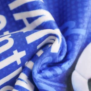 A blue sports towel, featuring a soft texture and a logo, is partially folded to showcase its fabric details.