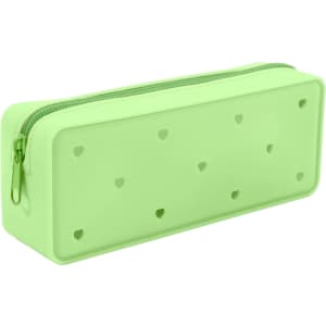 A green silicone pencil case with heart-shaped cutouts and a zip closure. It features a simple and sleek design.