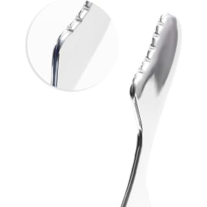 A metallic massage tool with a sleek design and textured grip for handling. Includes a close-up view of the edge.