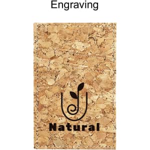 A cork card wallet in a natural colour with a logo on the front. Features a textured surface.