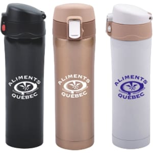 Three 450ml flip top stainless vacuum flasks in black, bronze, and white colours, each featuring a logo.