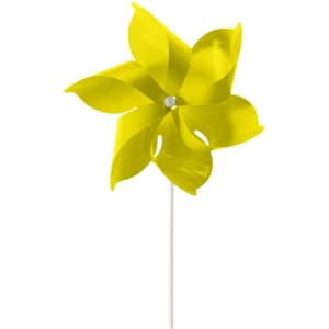 A yellow six-leaf pinwheel with a white stem, featuring six curved leaves that rotate with the wind.